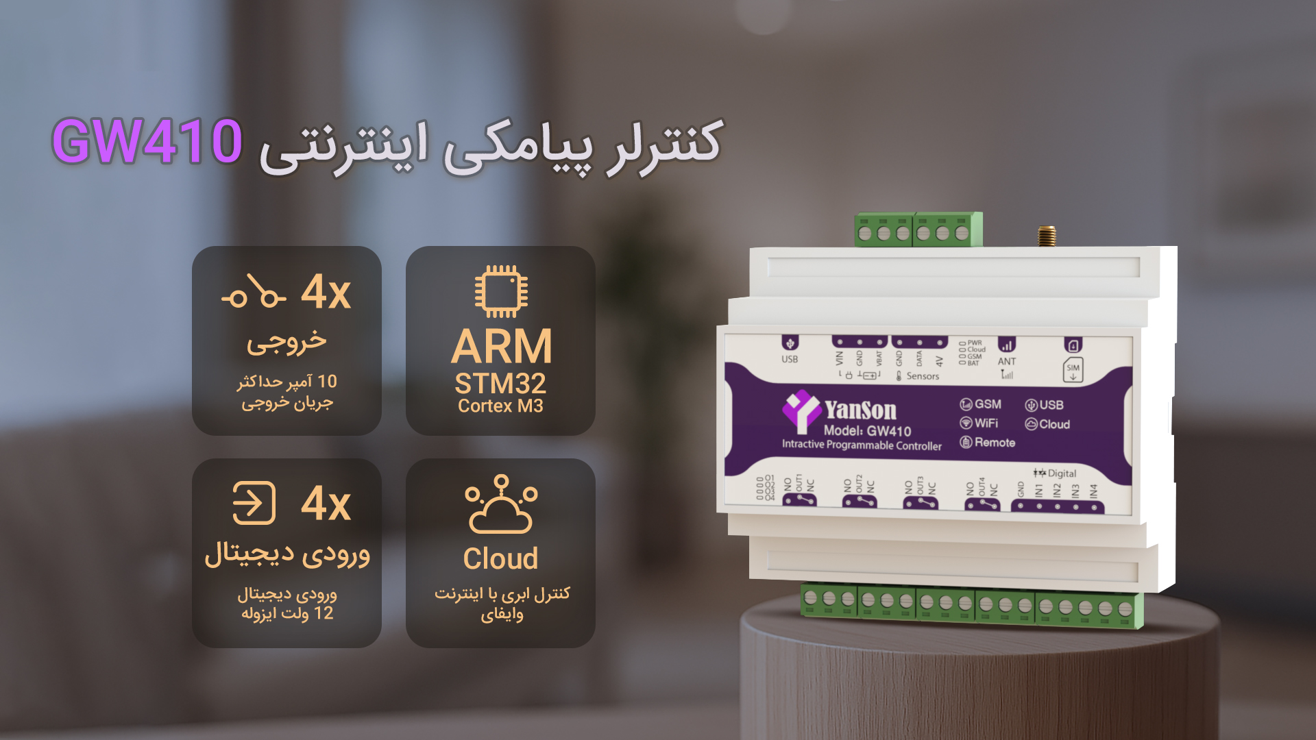 کنترلر پیامکی GW410 4 خروجی رله 10 آمپر 4 ورودی دیجیتال 12 ولت زمان بندی روزانه و هفتگی سناریو پذیری گیرنده ریموت