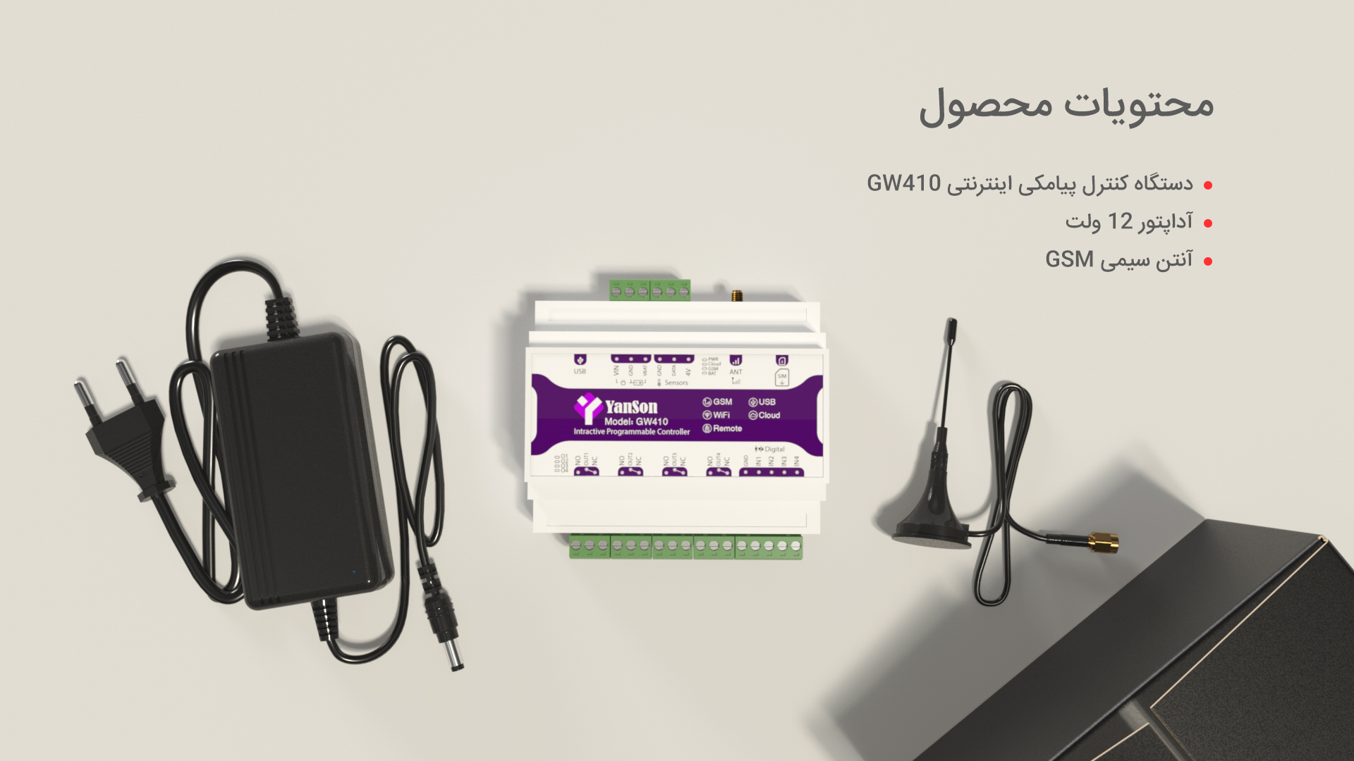 محتویات محصول: دستگاه کنترل پیامکی اینترنتی GW410 آداپتور آنتن GSM